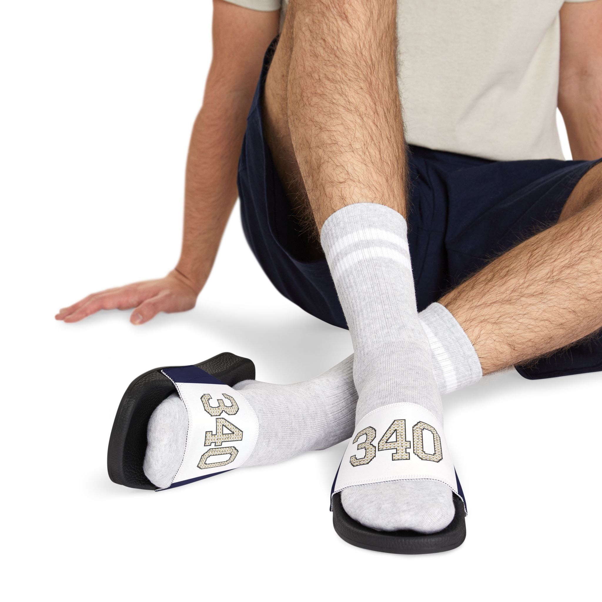 Men's Slide Sandals — White 340 Embroidered Pool Slides