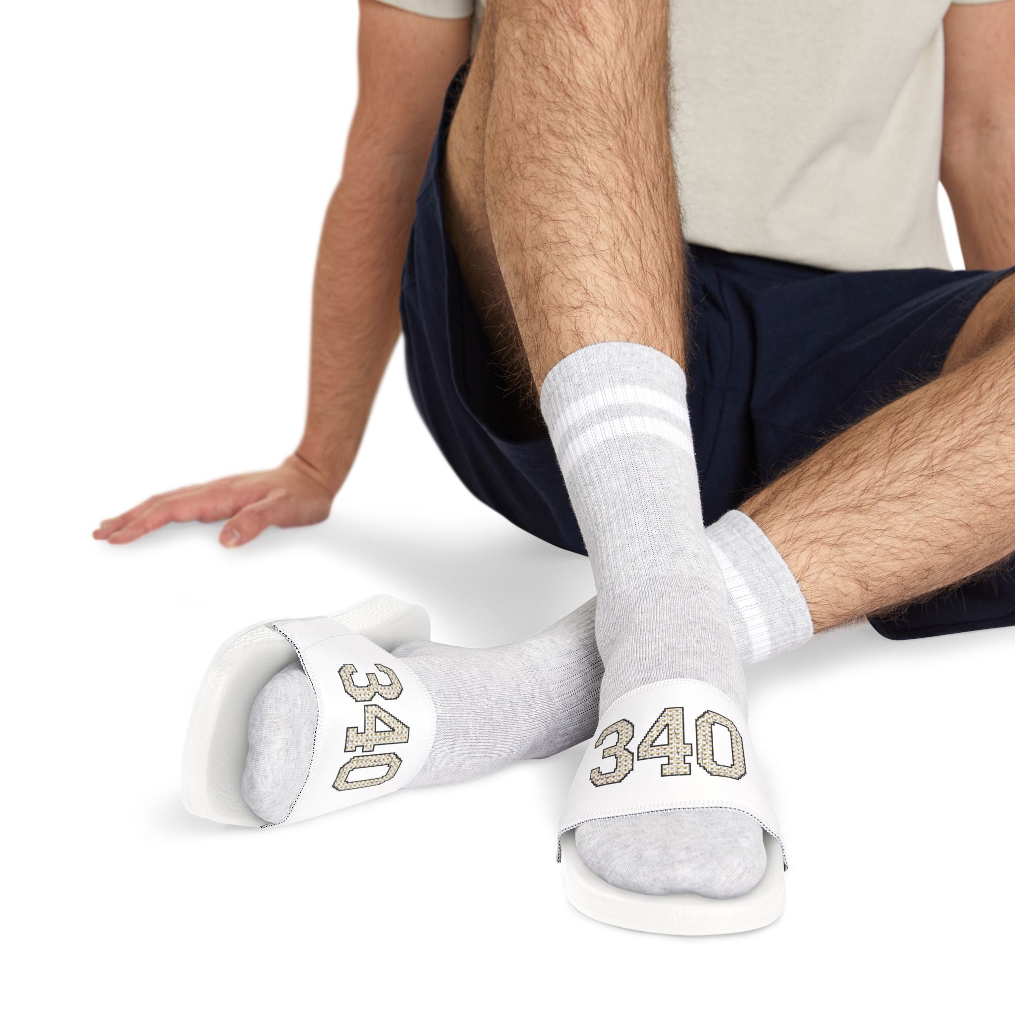 Men's Slide Sandals — White 340 Embroidered Pool Slides