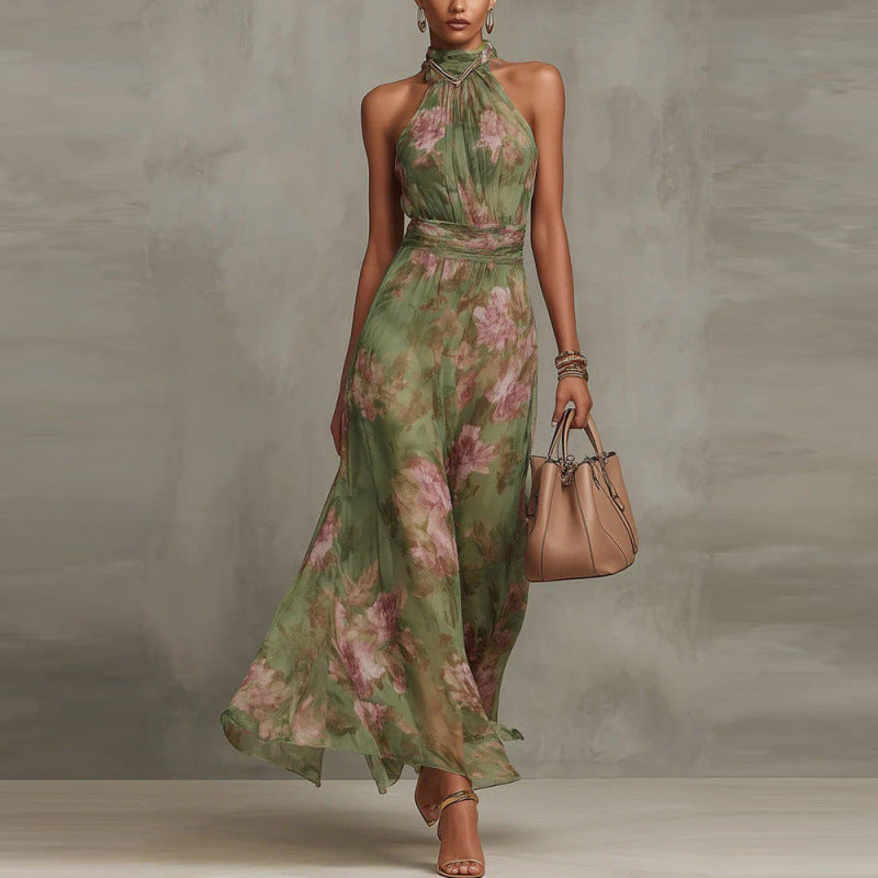 Women's Mesh Floral Print Bodycon Long Dress