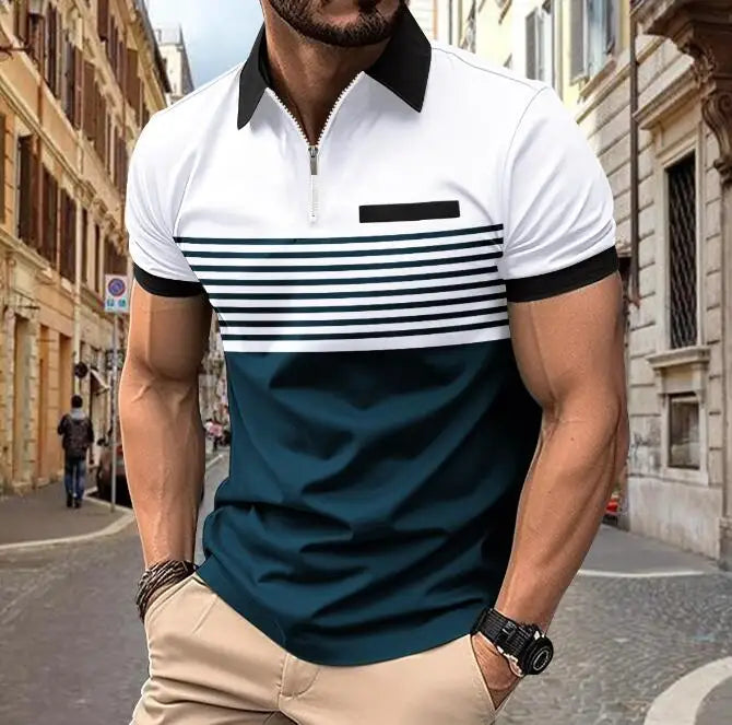 Men's Striped Zipper Polo