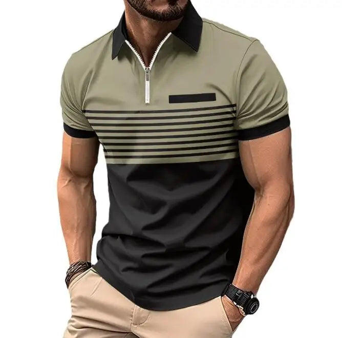 Men's Striped Zipper Polo