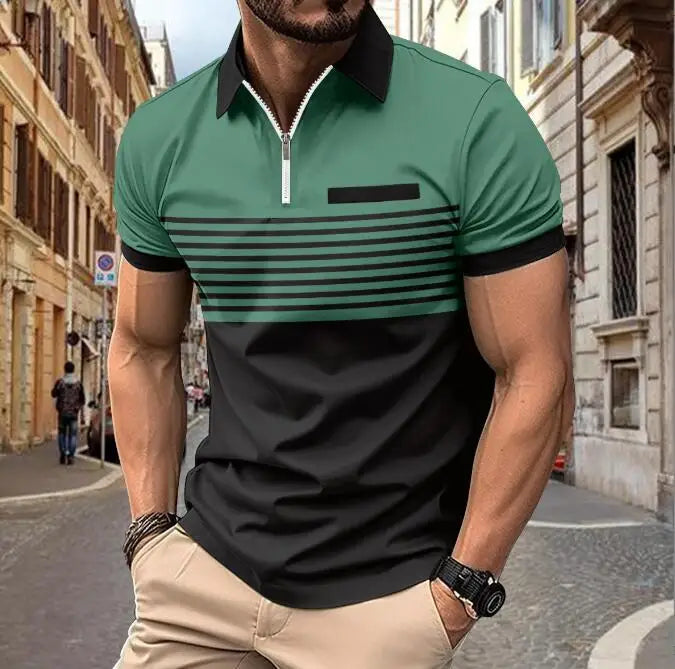 Men's Striped Zipper Polo