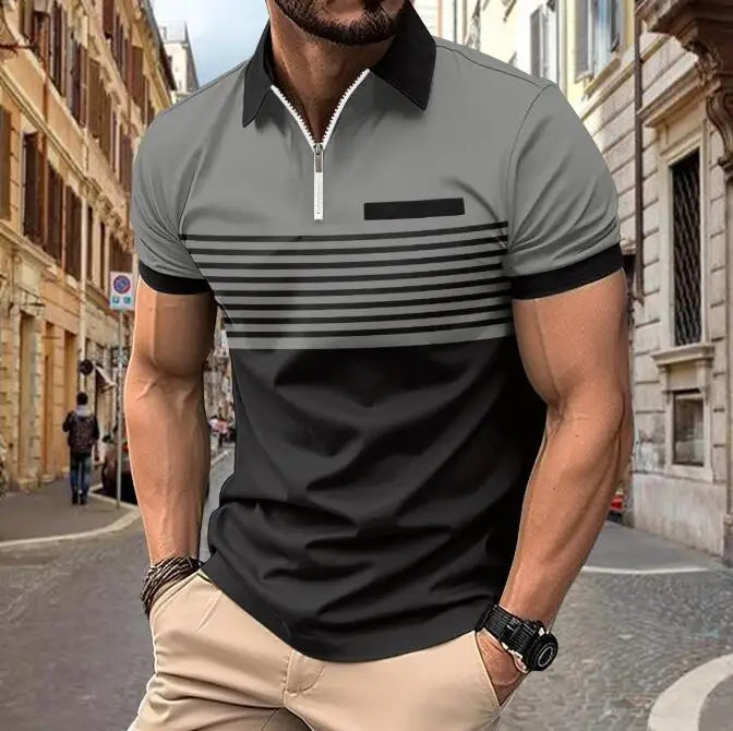 Men's Striped Zipper Polo