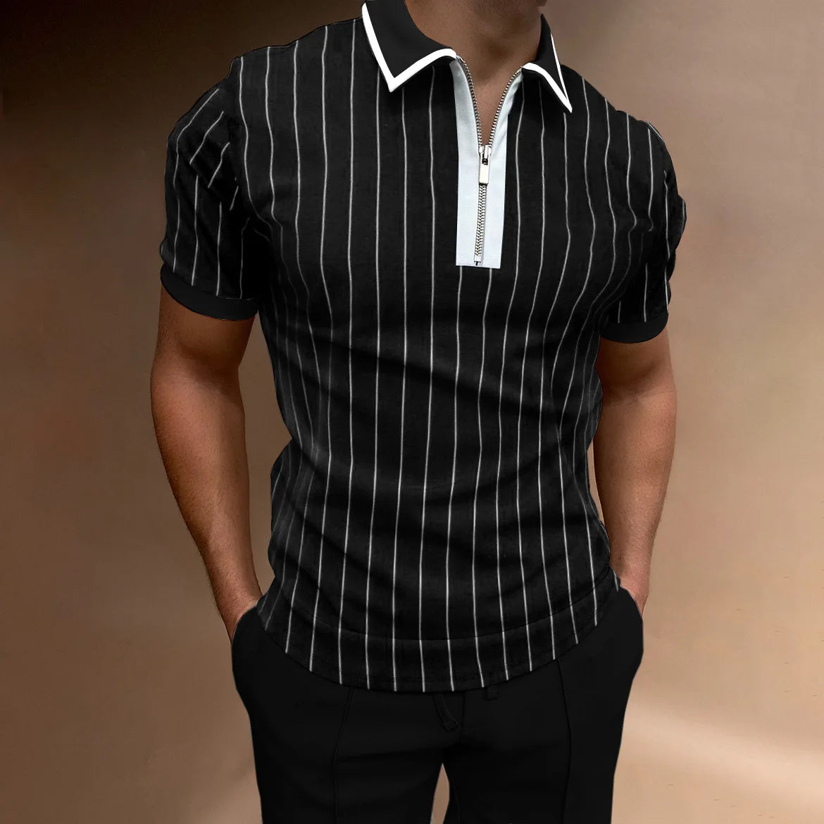 Summer Polyester Cotton Men's Casual Fashion Zipper Polo Shirts Zip up T Shirt Polo T-shirt Zipper