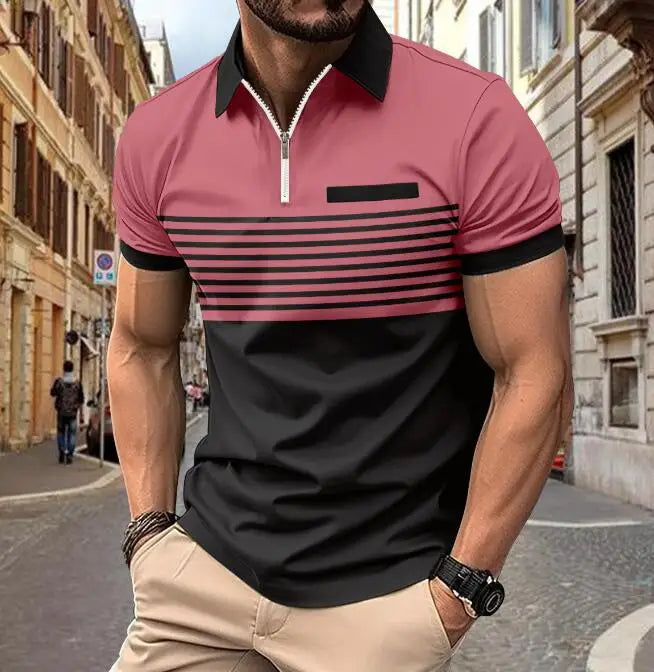 Men's Striped Zipper Polo