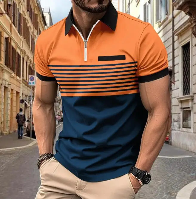 Men's Striped Zipper Polo