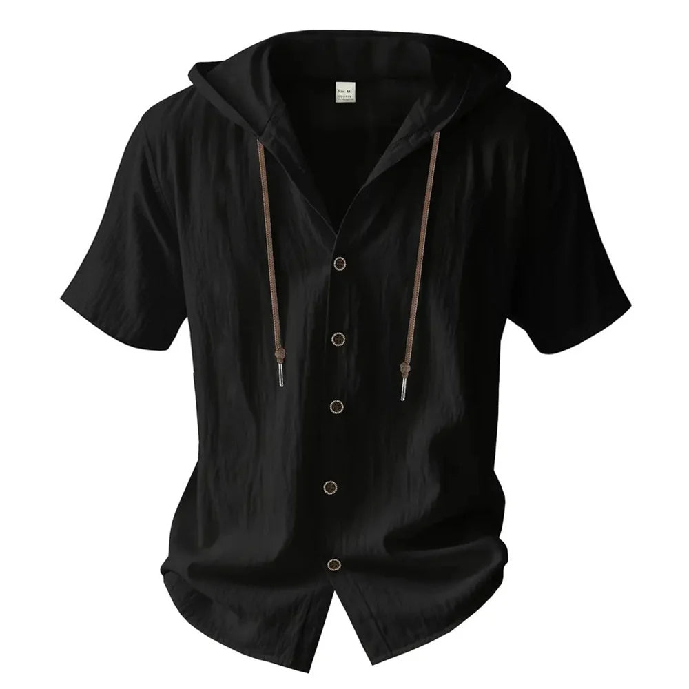 Men's Cotton Linen Hooded Short-Sleeve Shirt