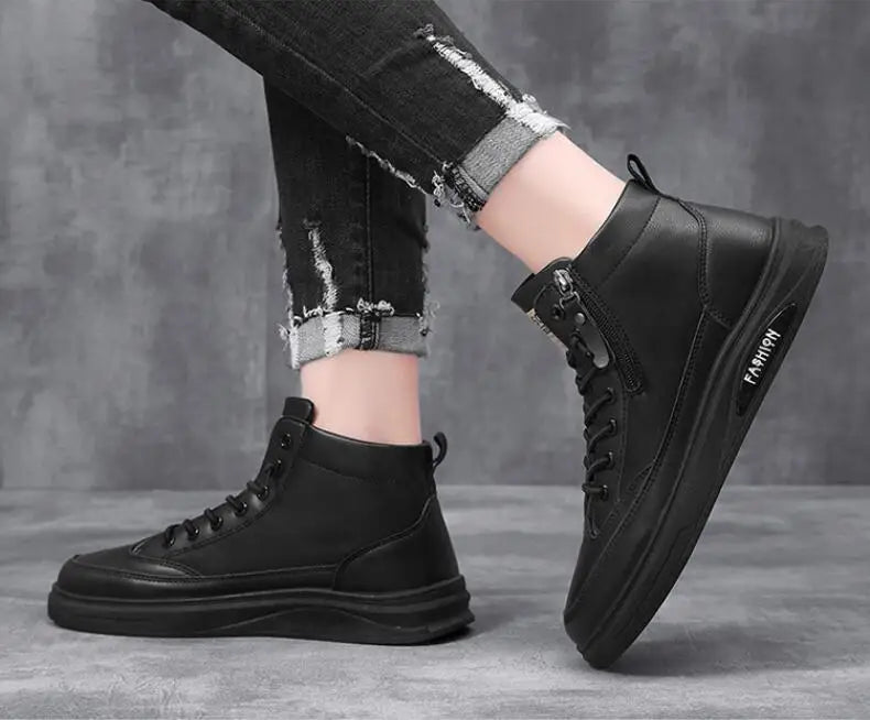 Men's Zip-Up High-Top Leather Ankle Boots