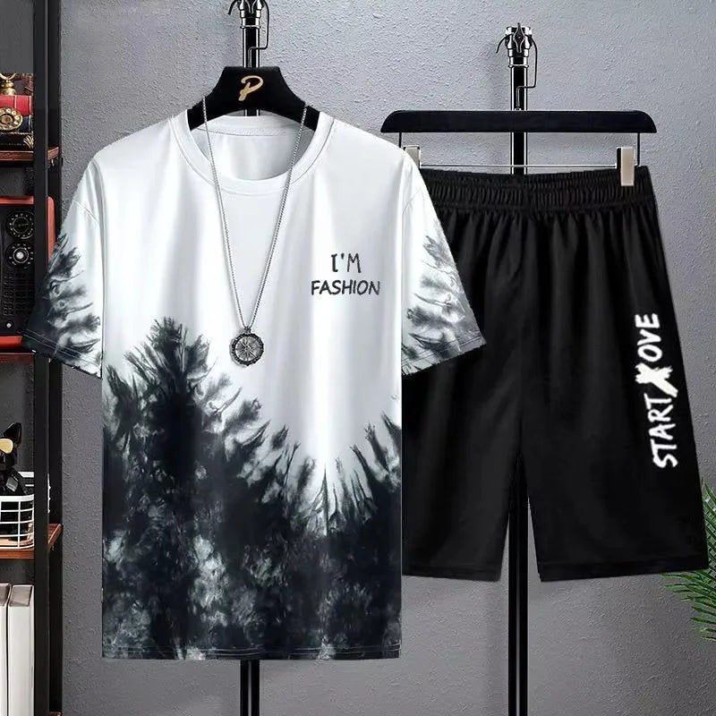 DOUSE Men's 3D Print Athletic Set – Quick-Dry Short Sleeve Tee & Shorts
