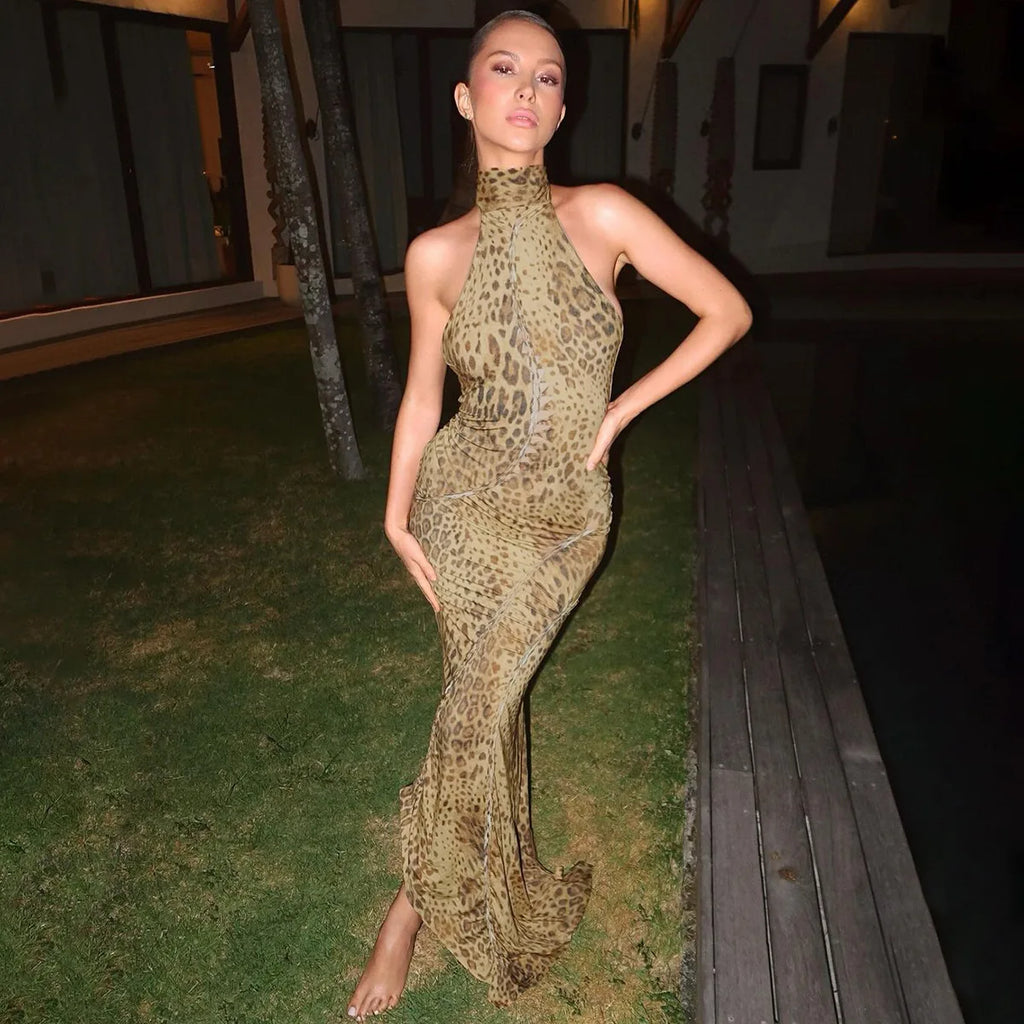 Women's Halter Leopard Bandage Maxi Dress
