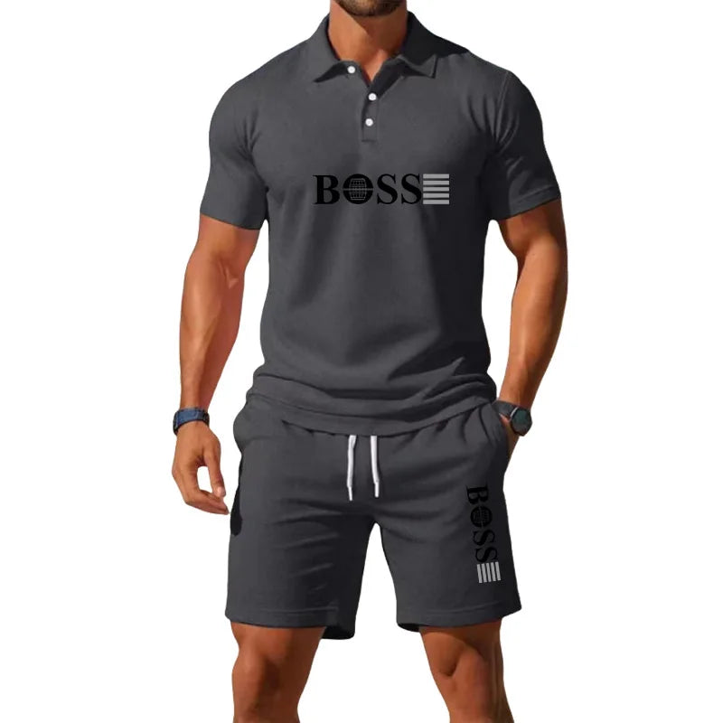 Men's Retro Polo Collar T-Shirt & Shorts Set