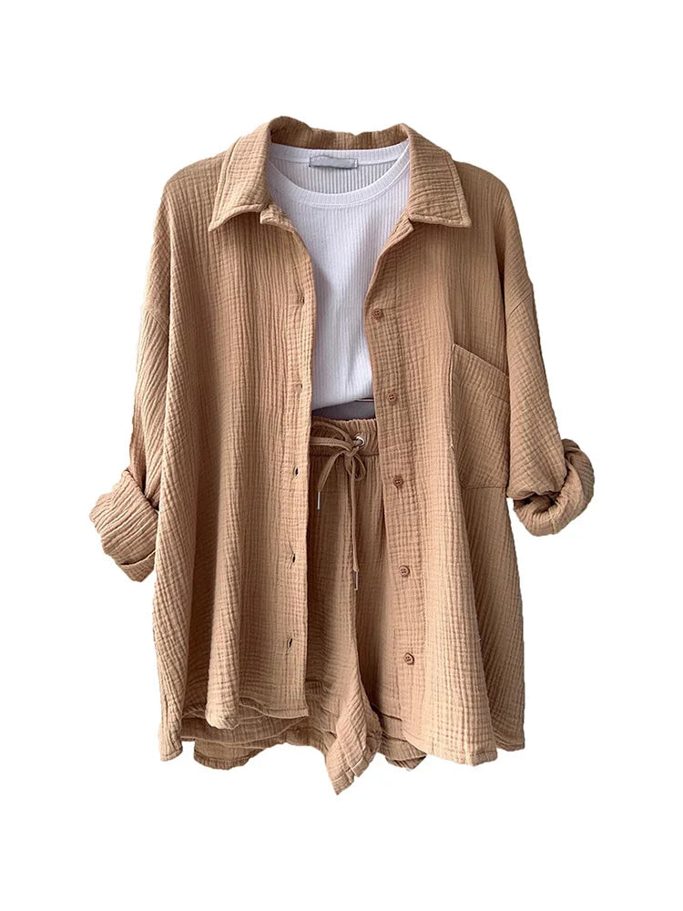 Women's Muslin Button Short Suit Set