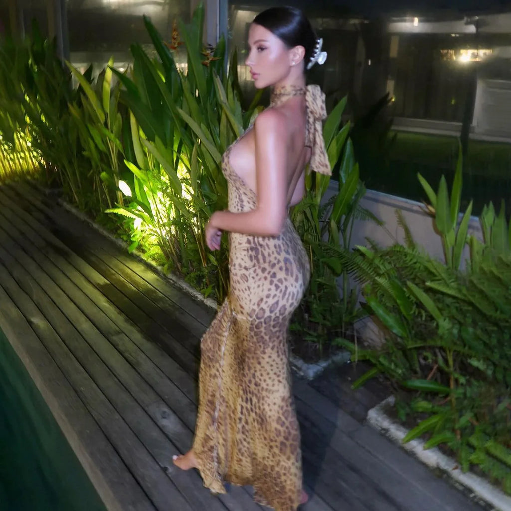 Women's Halter Leopard Bandage Maxi Dress