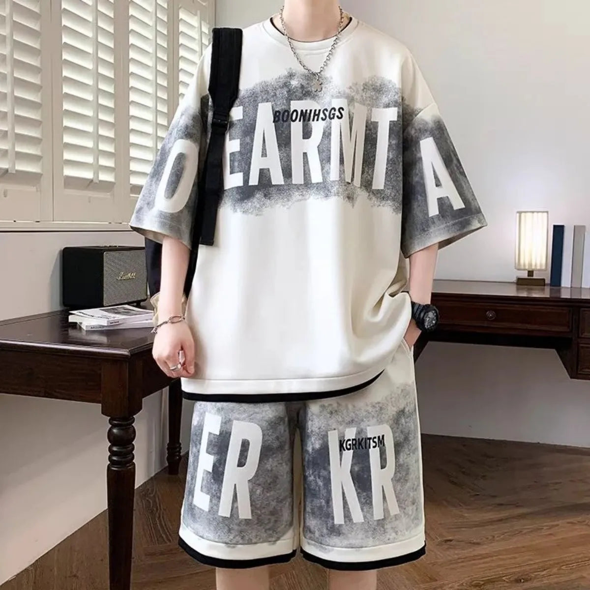 Men's Letter Print T-Shirt & Shorts Sports Set