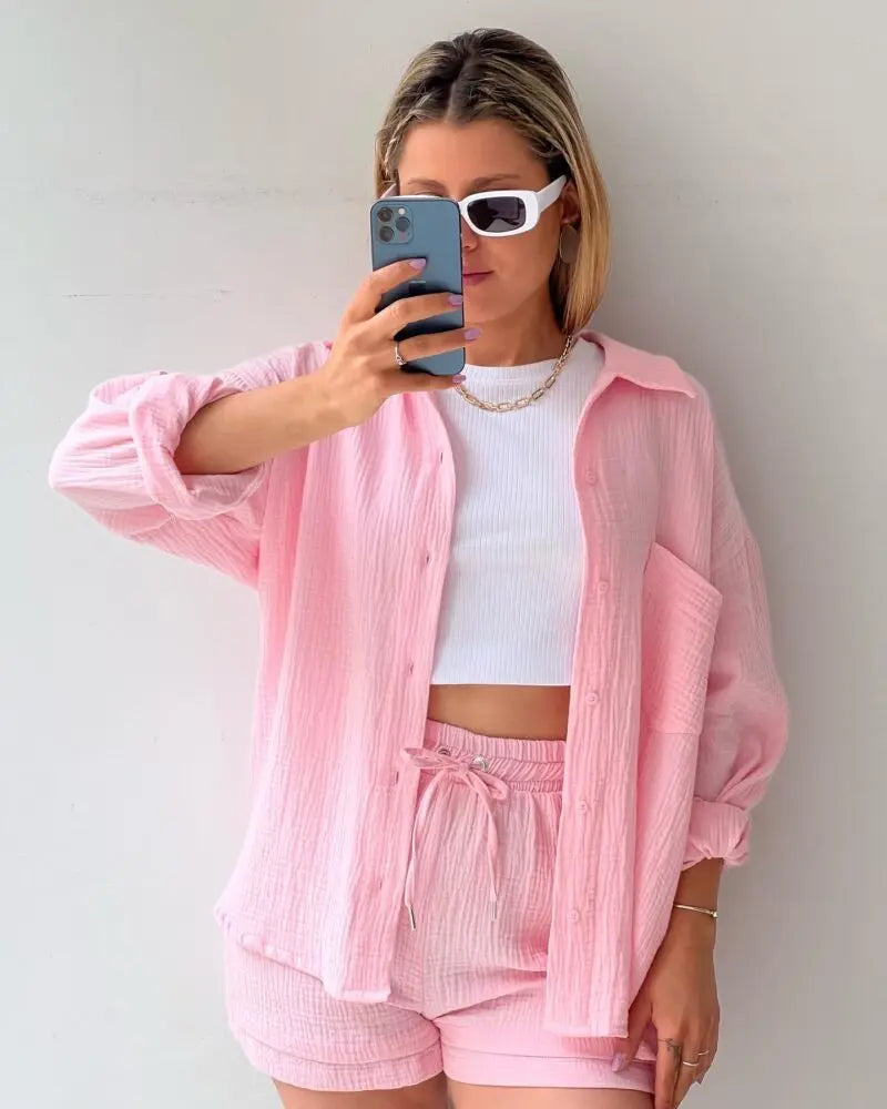 Women's Muslin Button Short Suit Set