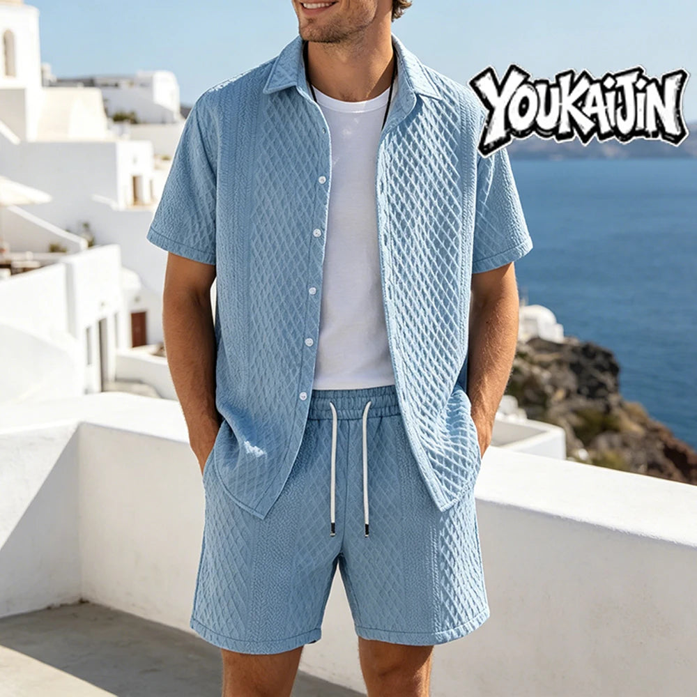 Men's Jacquard Lapel Shirt & Shorts Set