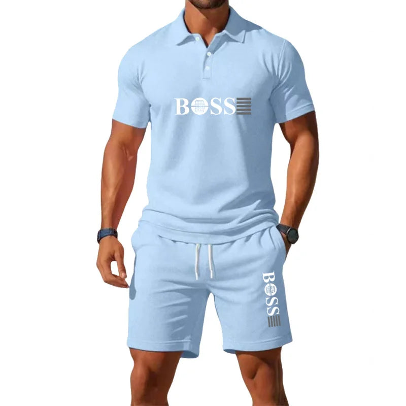 Men's Retro Polo Collar T-Shirt & Shorts Set