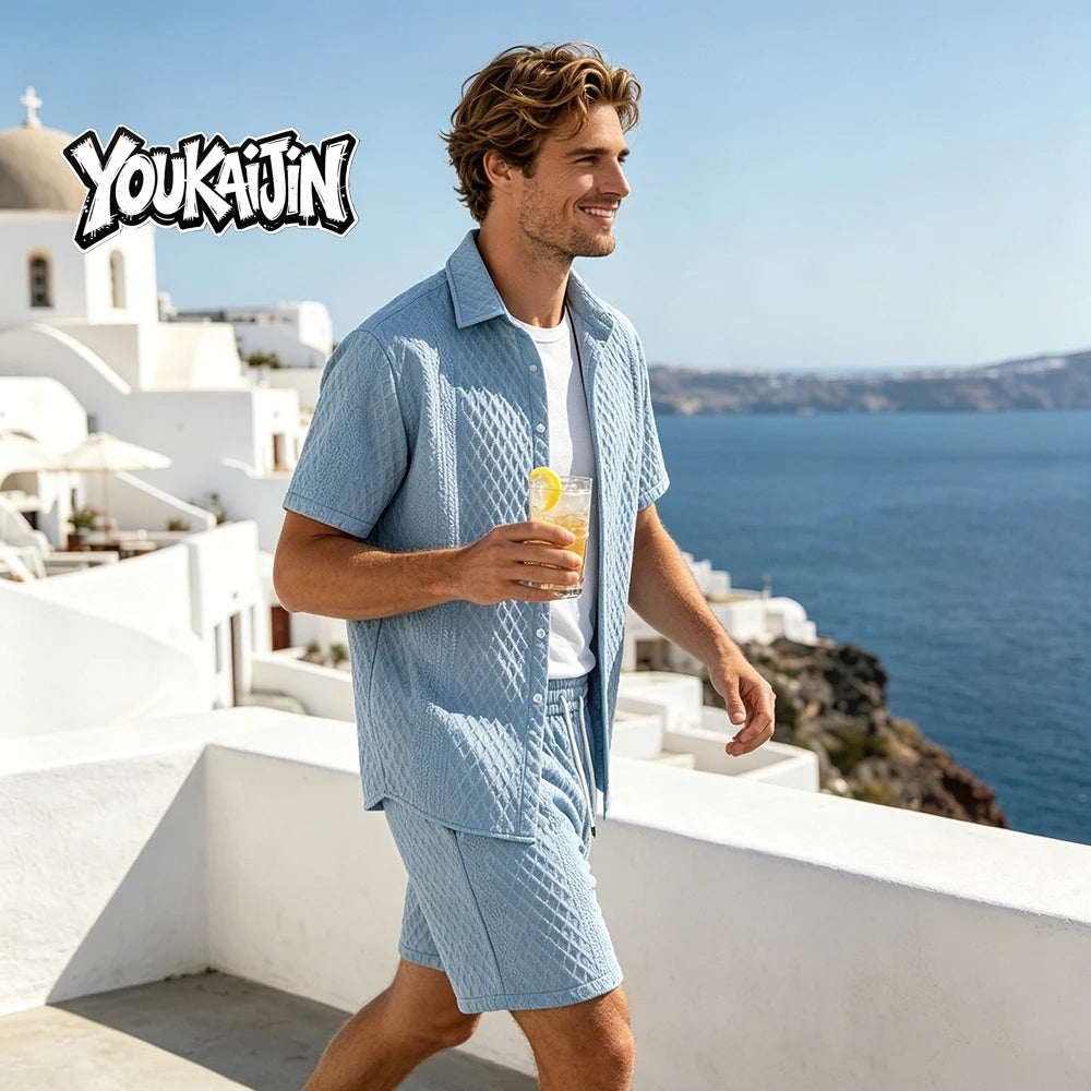 Men's Jacquard Lapel Shirt & Shorts Set