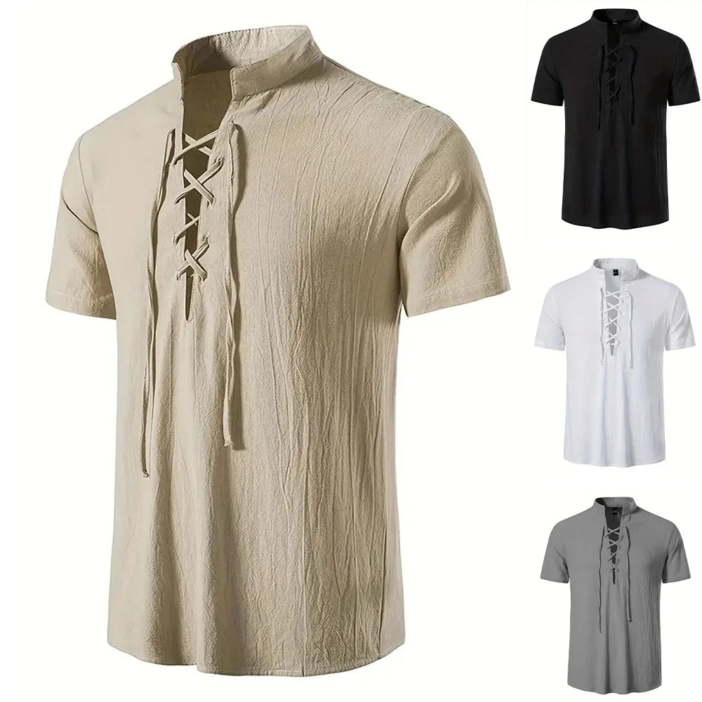 Men's Cotton Linen V-Neck Retro Shirt