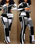 Women's Geometric Print Zip-Up Top & Pants Set