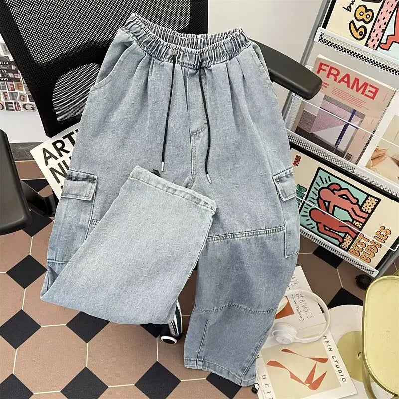 Men's Hip-Hop Vintage Washed Wide-Leg Cargo Jeans