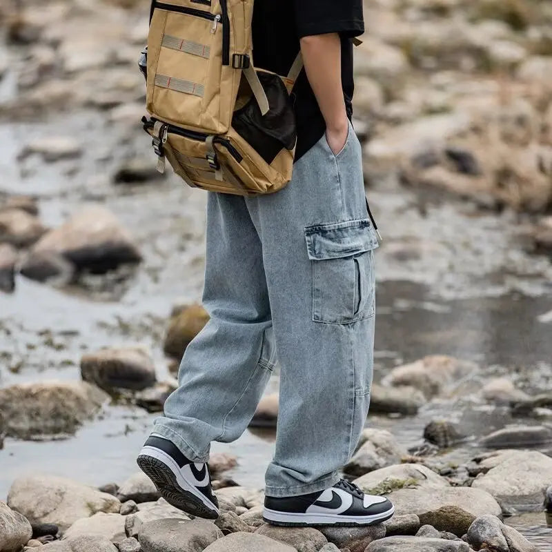 Men's Hip-Hop Vintage Washed Wide-Leg Cargo Jeans