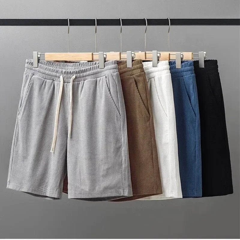 Men's Solid Waffle Drawstring Casual Shorts