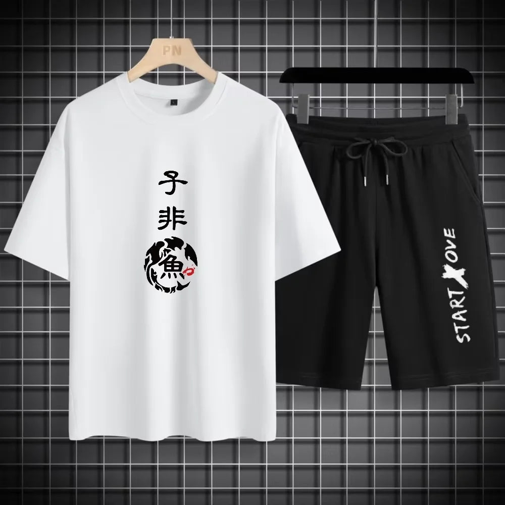 DOUSE Men's 3D Print Athletic Set – Quick-Dry Short Sleeve Tee & Shorts