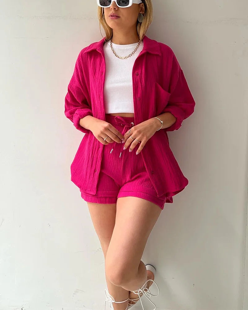 Women's Muslin Button Short Suit Set