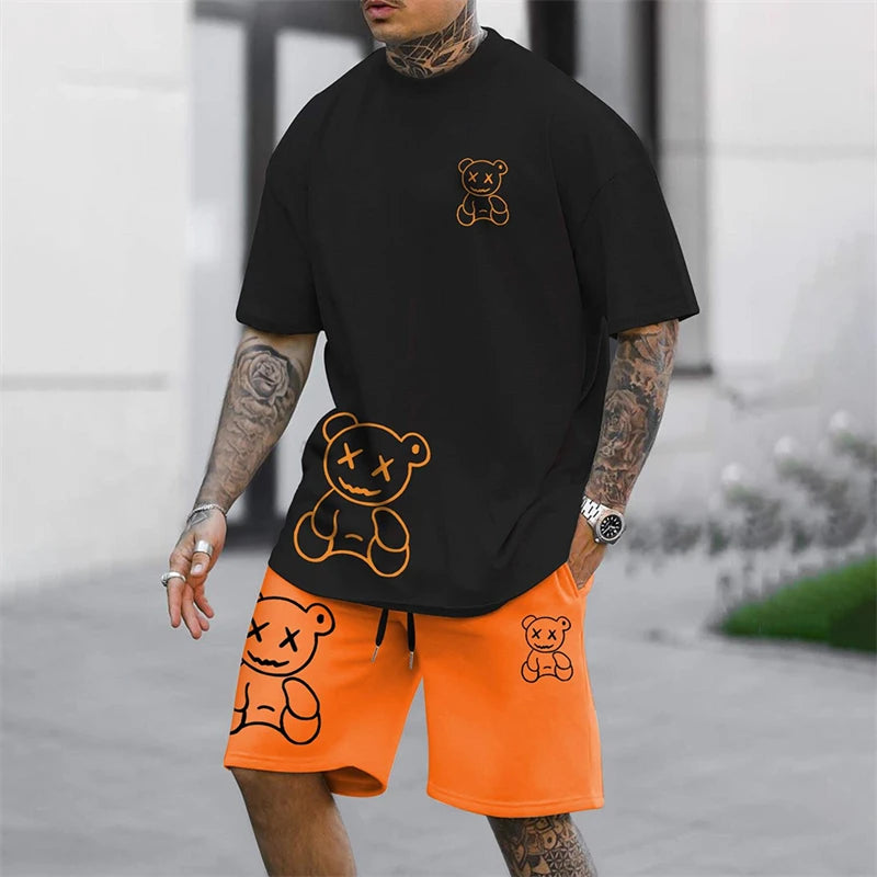 Men's Harajuku Bear Graphic T-Shirt & Shorts Set