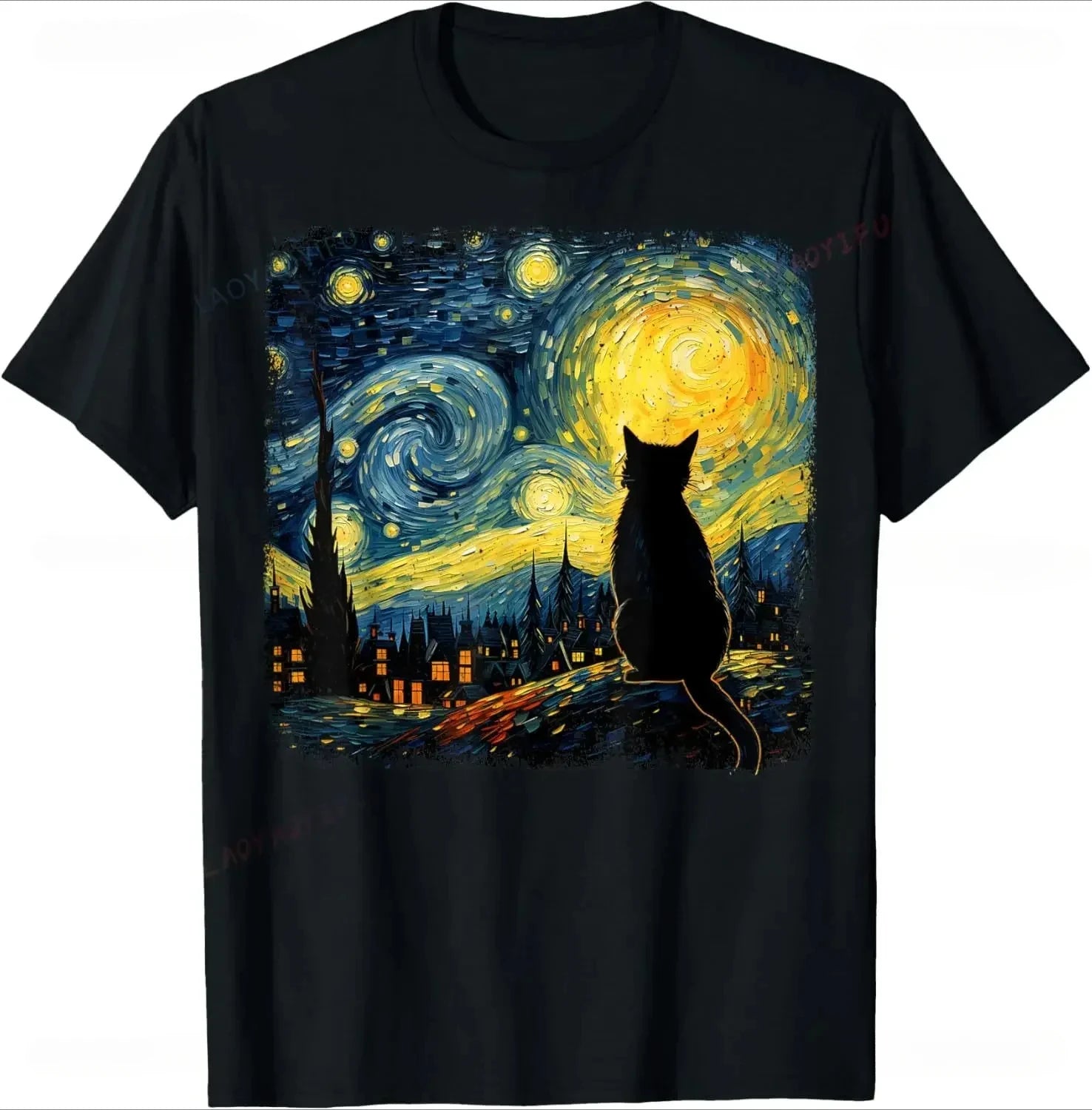 Women's Van Gogh Cat Starry Night Graphic T-Shirt