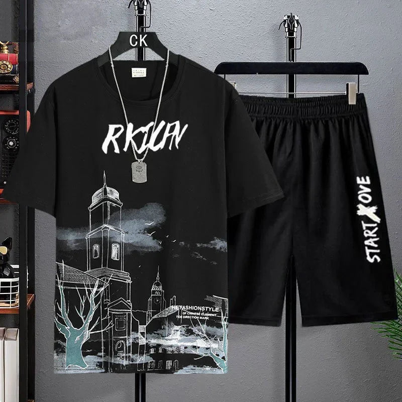 DOUSE Men's 3D Print Athletic Set – Quick-Dry Short Sleeve Tee & Shorts