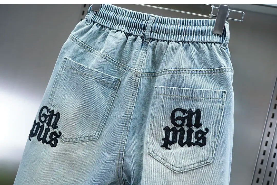 Men's Embroidered Letter Washed Baggy Jeans