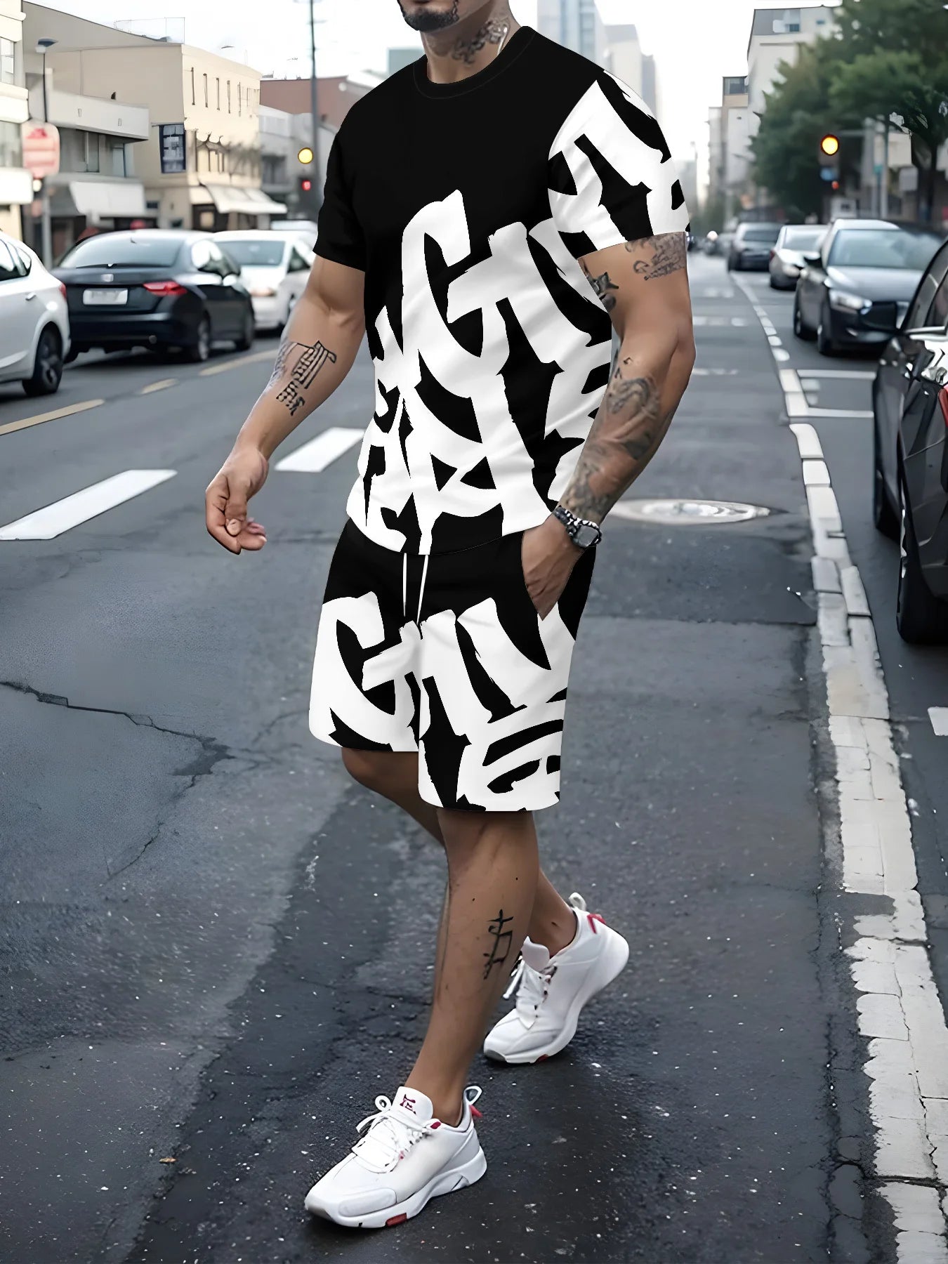 Men's King Print 3D T-Shirt & Shorts Set