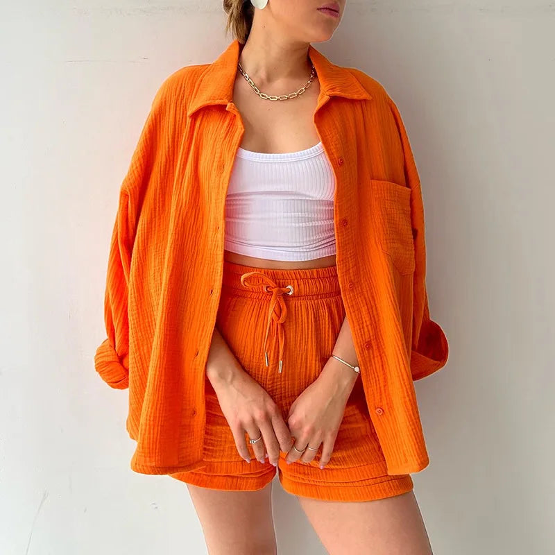 Women's Muslin Button Short Suit Set