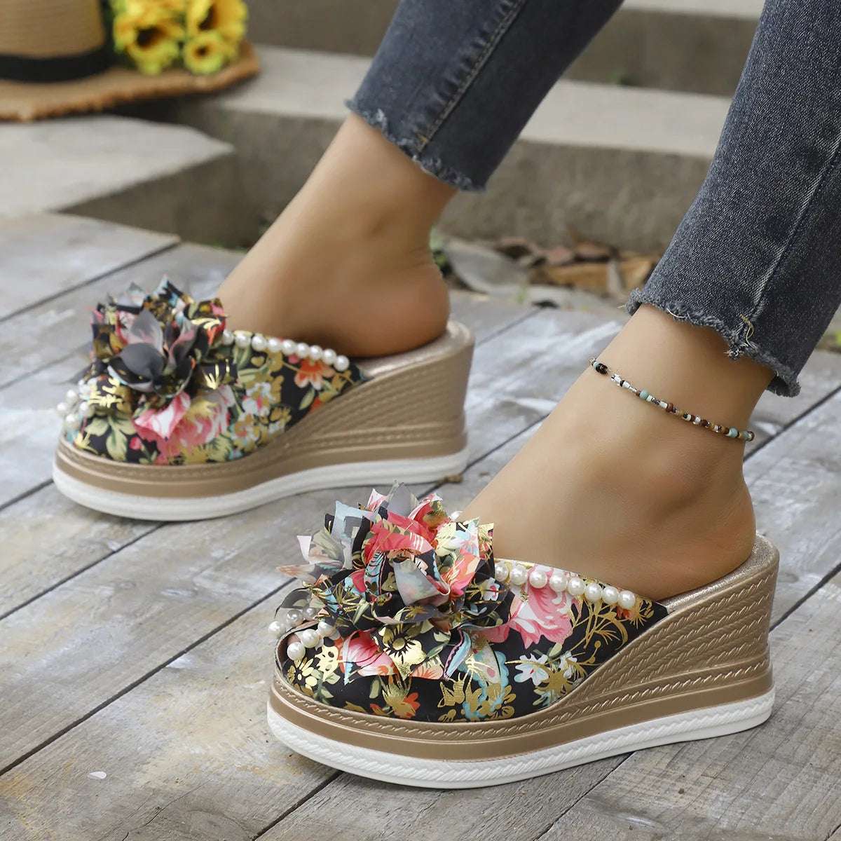 Women's Block Heel Flower Platform Sandals