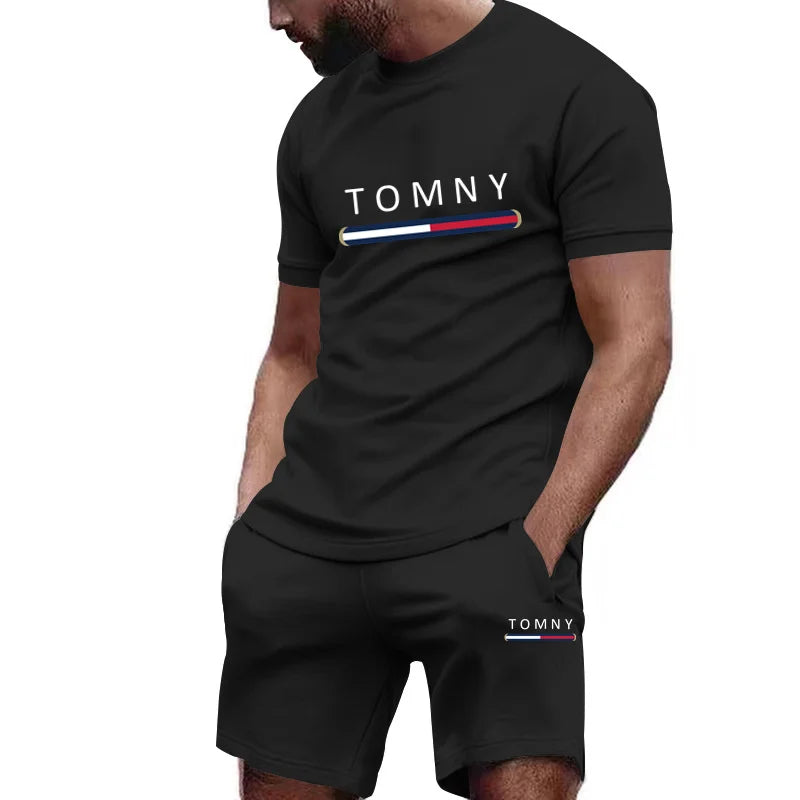 Men's Letter Rose Patchwork T-Shirt & Shorts Set