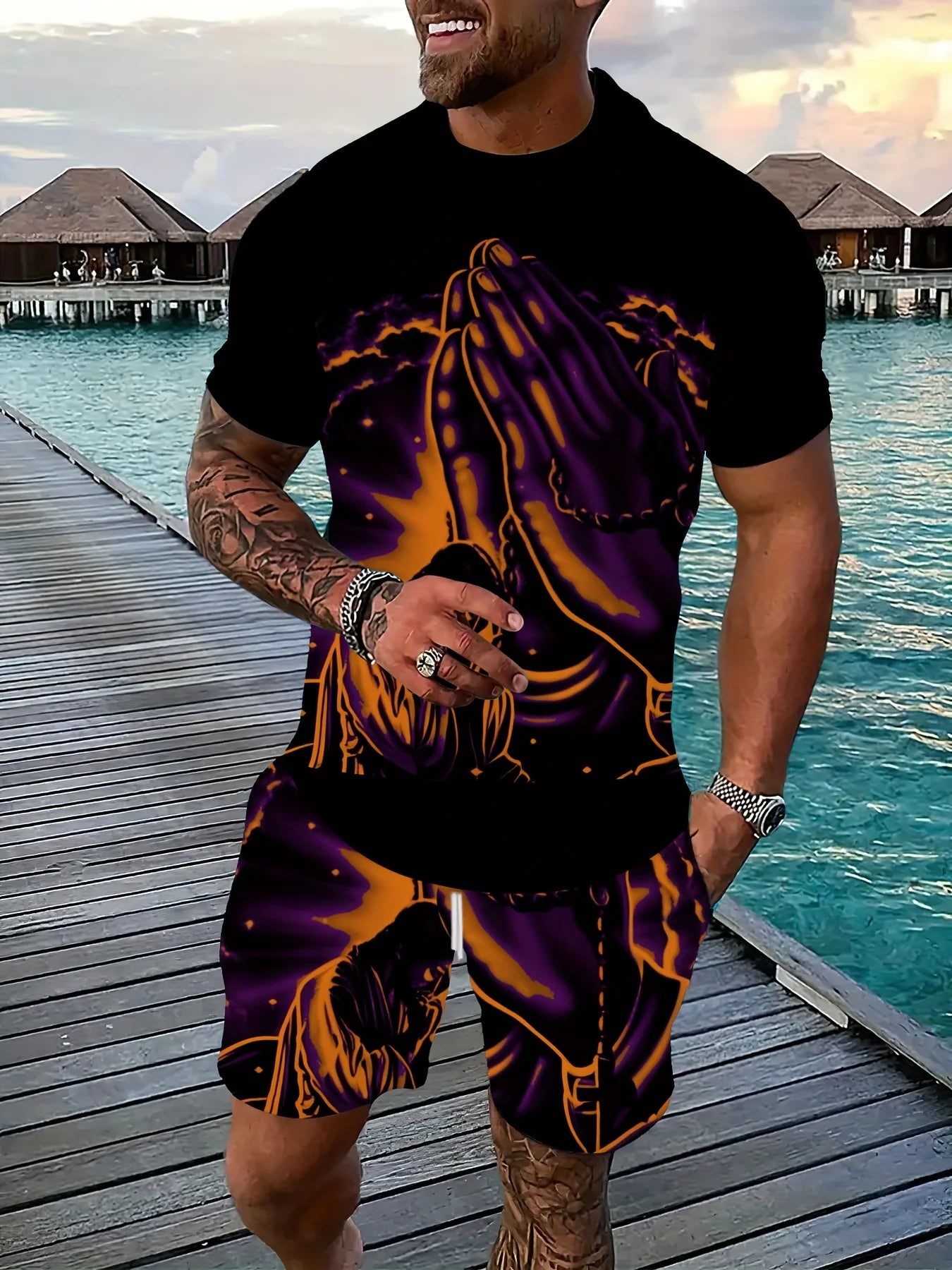 Men's King Print 3D T-Shirt & Shorts Set