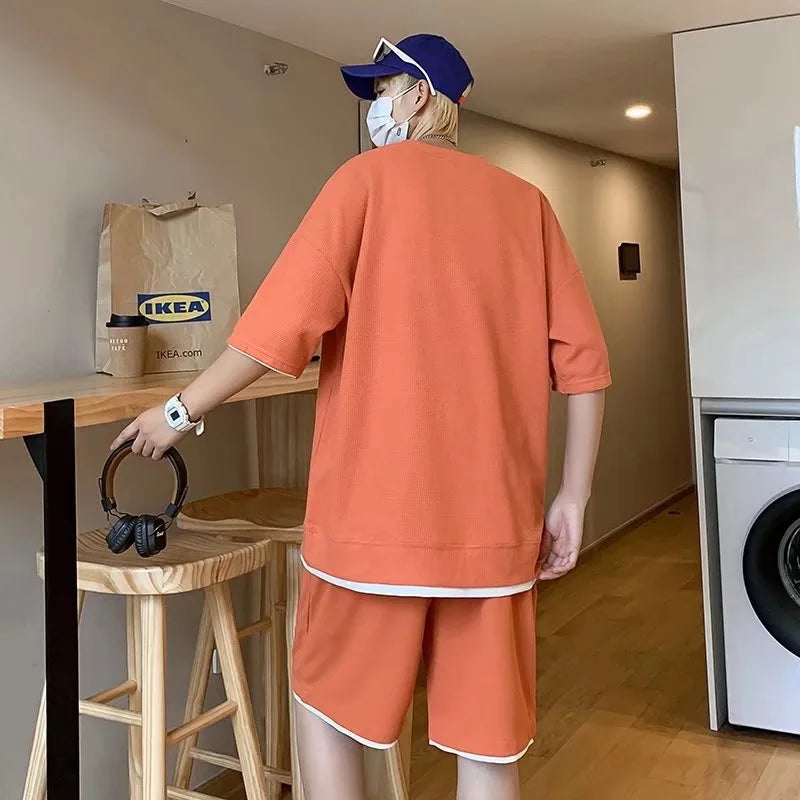 Men's Waffle T-Shirt & Shorts Set (Up to 5XL)