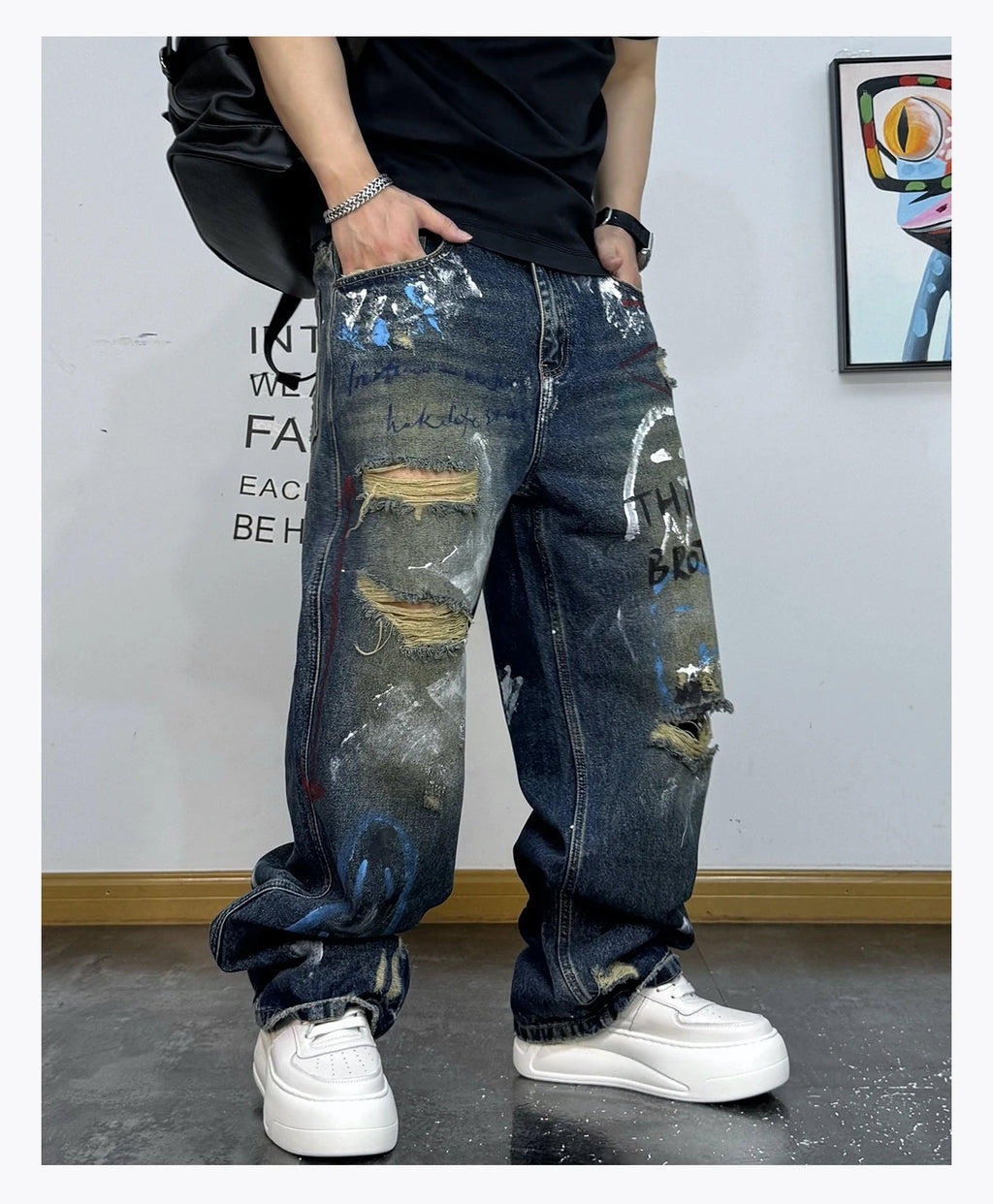 Men's Korean Graffiti Washed Ripped Baggy Jeans