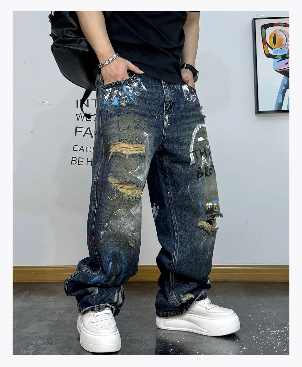 Men's Korean Graffiti Washed Ripped Baggy Jeans