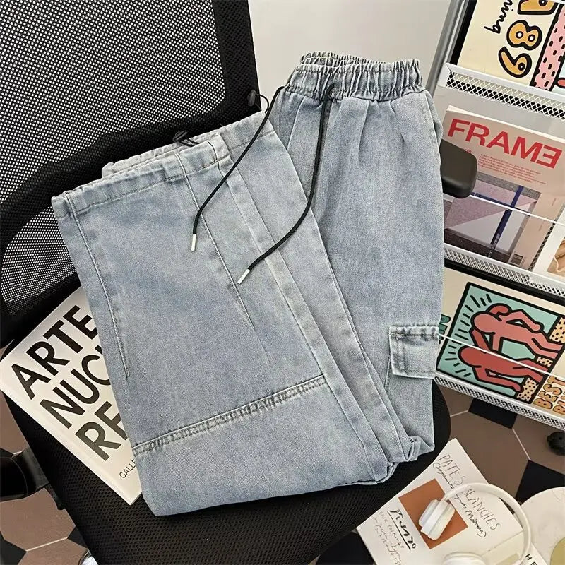 Men's Hip-Hop Vintage Washed Wide-Leg Cargo Jeans
