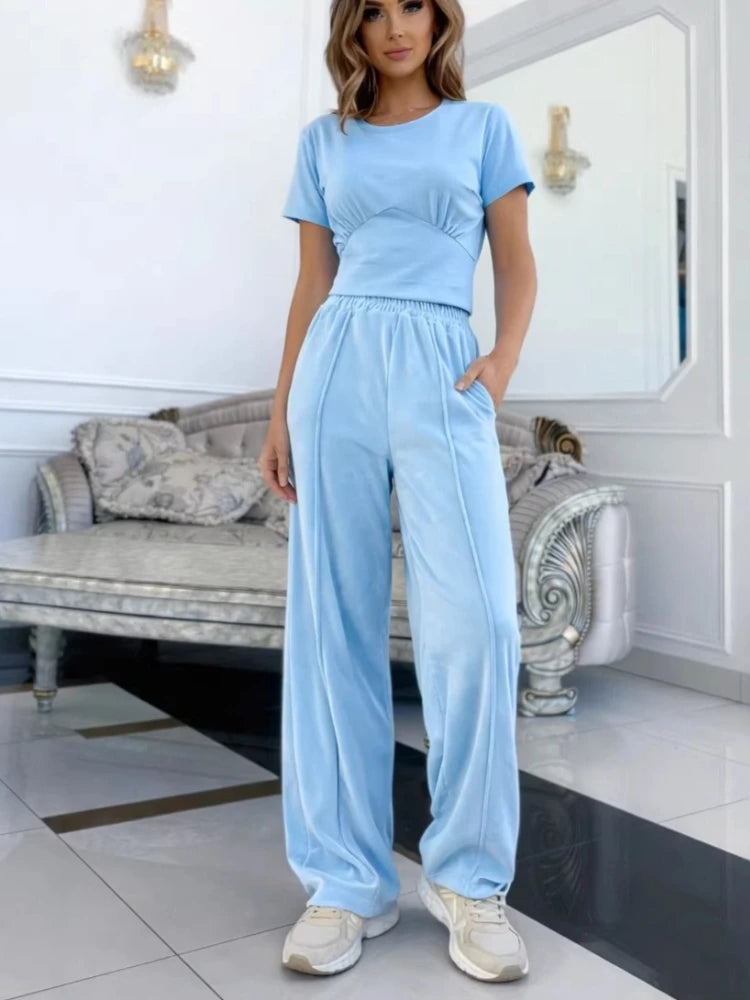 Women's Knitted T-Shirt & Long Pants Set