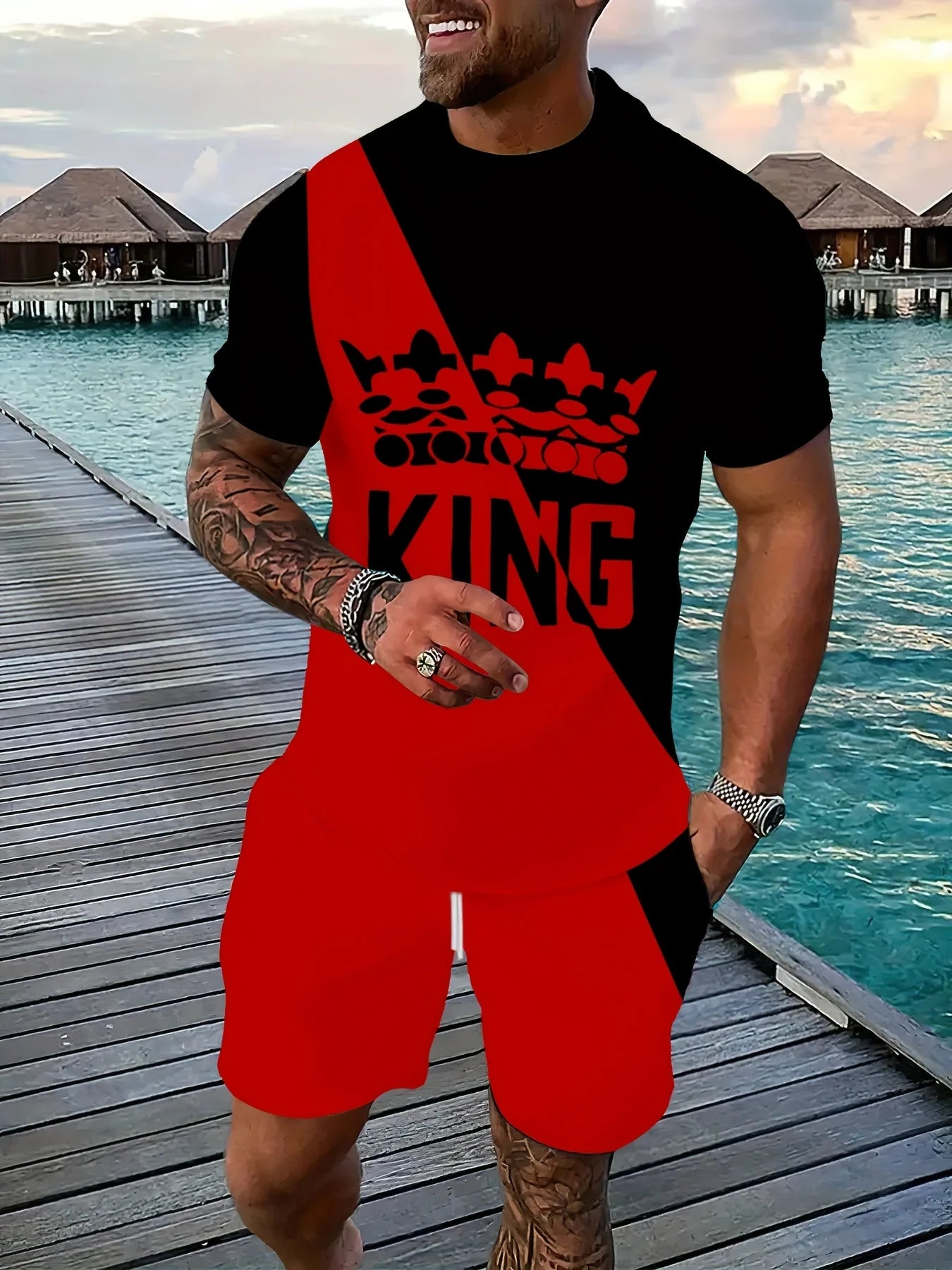 Men's King Print 3D T-Shirt & Shorts Set