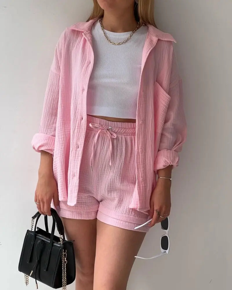 Women's Muslin Button Short Suit Set