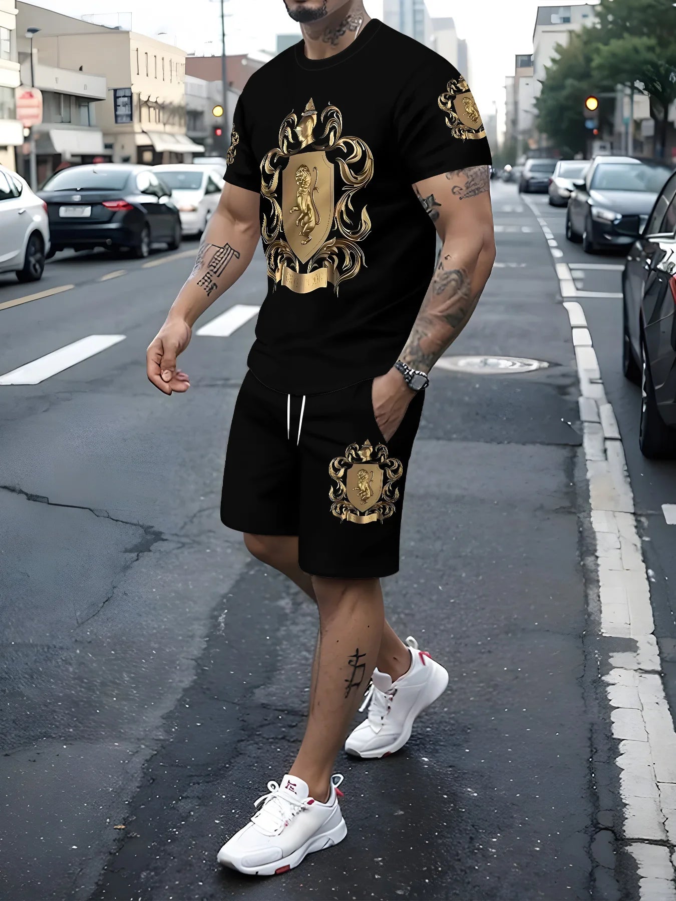 Men's King Print 3D T-Shirt & Shorts Set