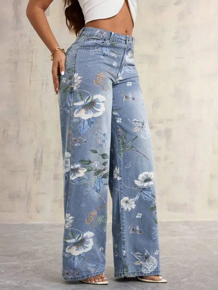 Women's Gothic Print High-Waist Baggy Jeans