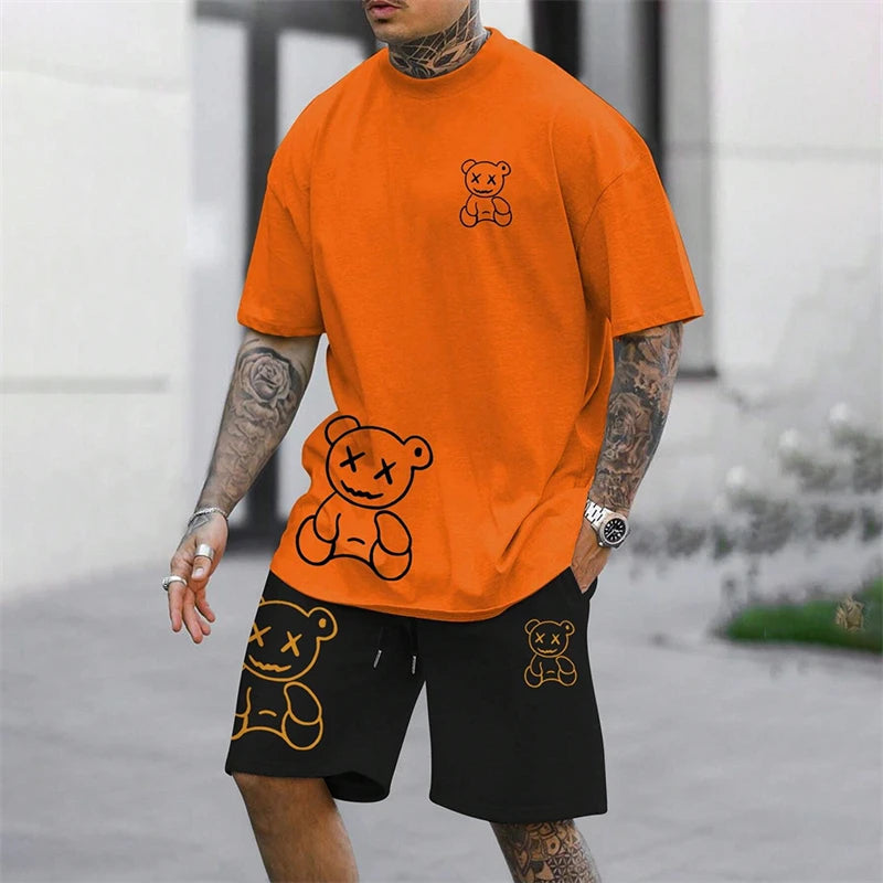 Men's Harajuku Bear Graphic T-Shirt & Shorts Set