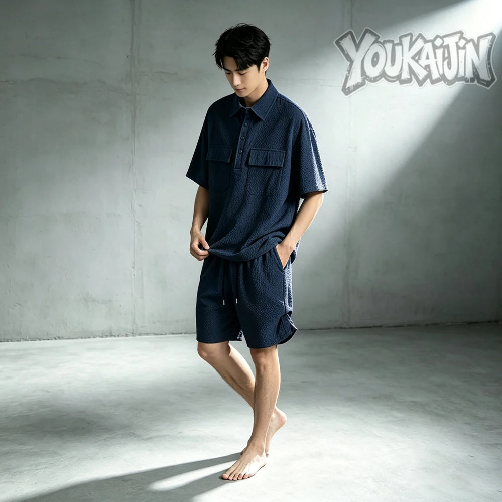Men's Korean Polo & Shorts Crinkle Set