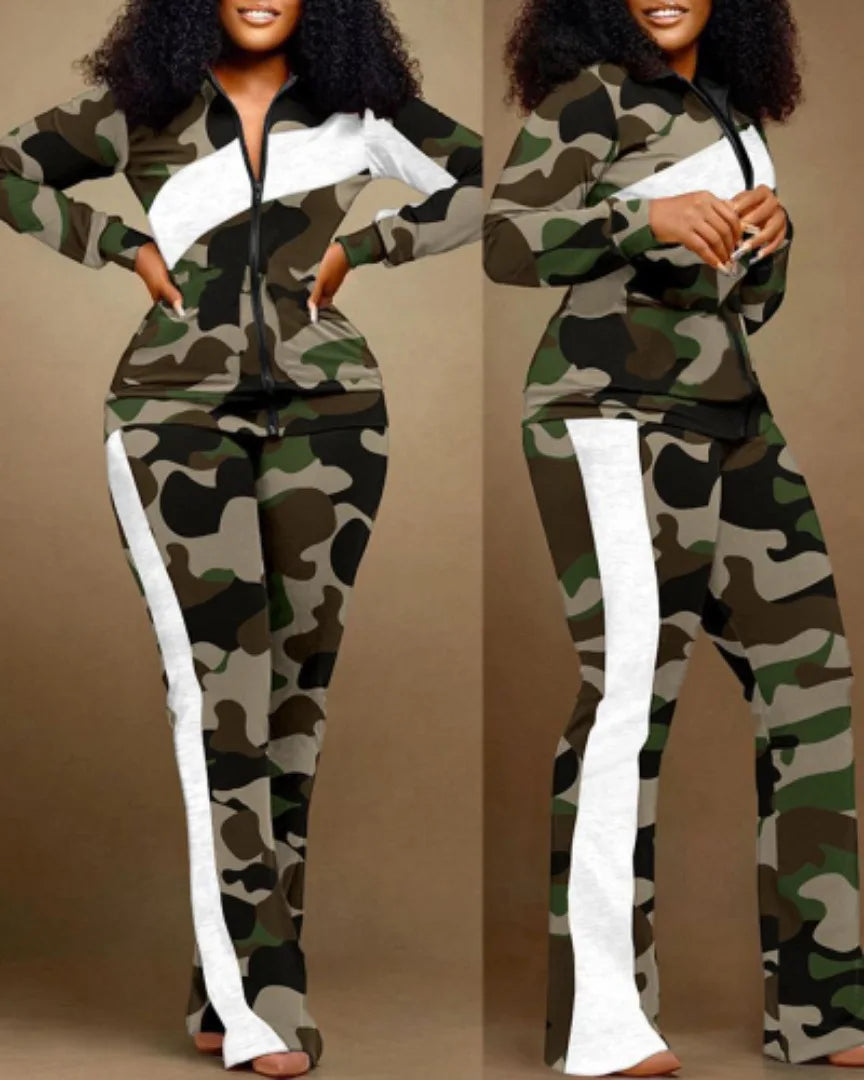Women's Geometric Print Zip-Up Top & Pants Set